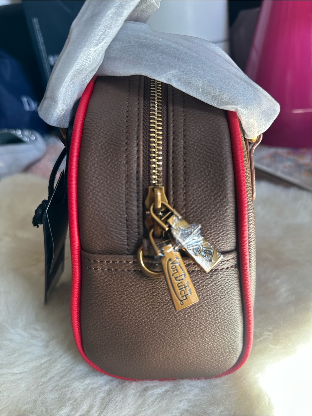 Von Dutch Bowling Bag Brown Red Crossbody Dome Purse Vegan Leather Y2K - Picture 3 of 9